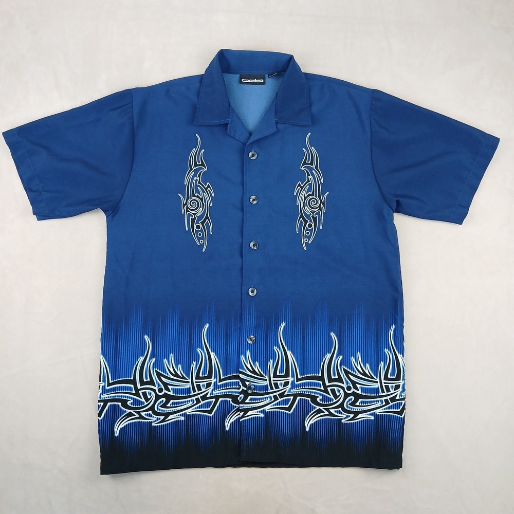 VTG ODO Small Mens Shirt Flames Tribal Y2K Embroidered 22x28‎